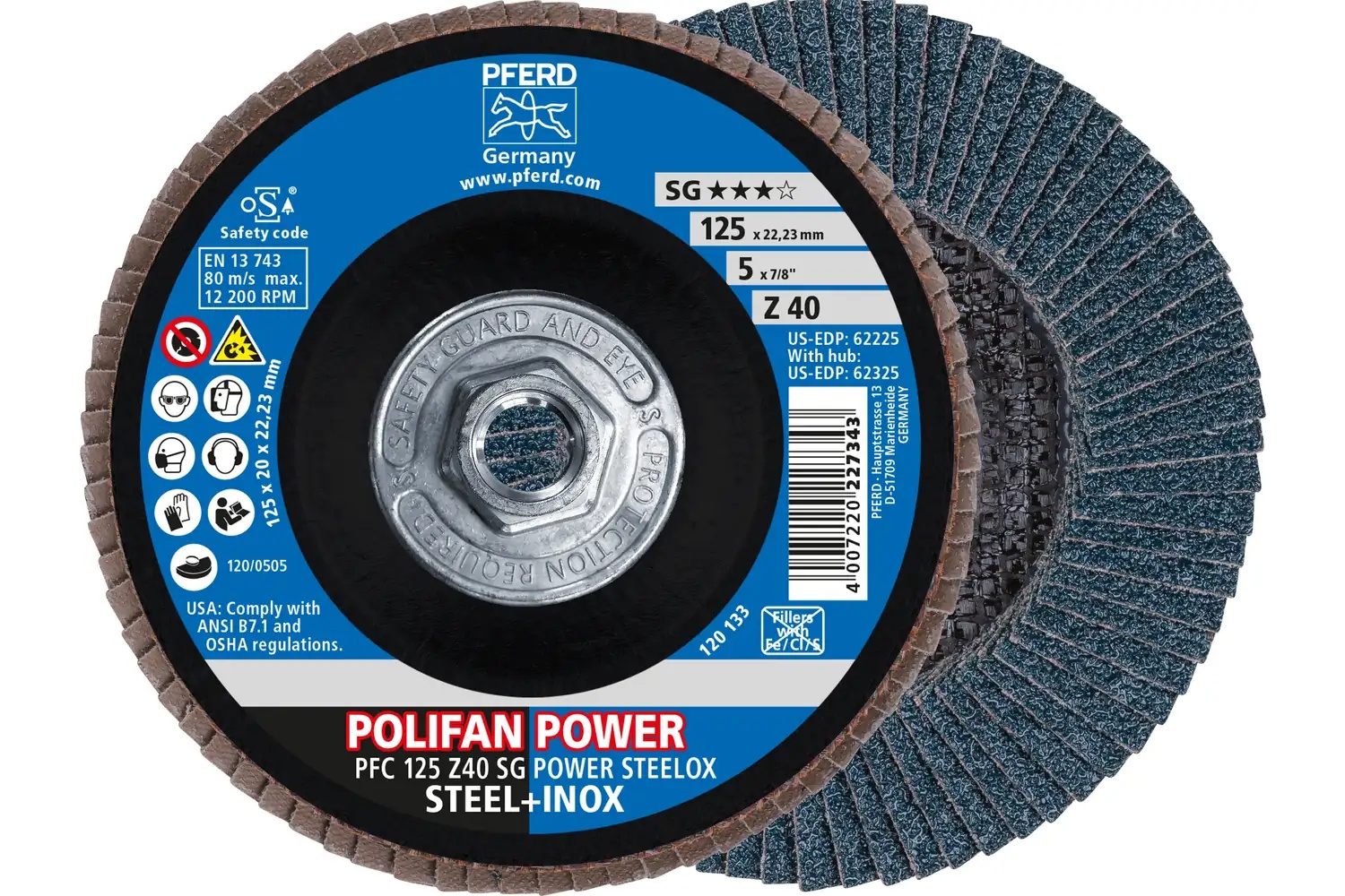Picture of Pferd Flap Disc, 5" x 5/8-11, Z SG Power Steelox, 40 Grit, T29, Conical, Zirconia